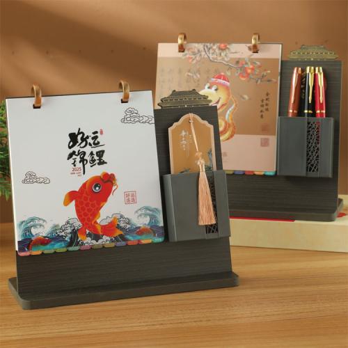 黑桃木架筆筒臺(tái)歷